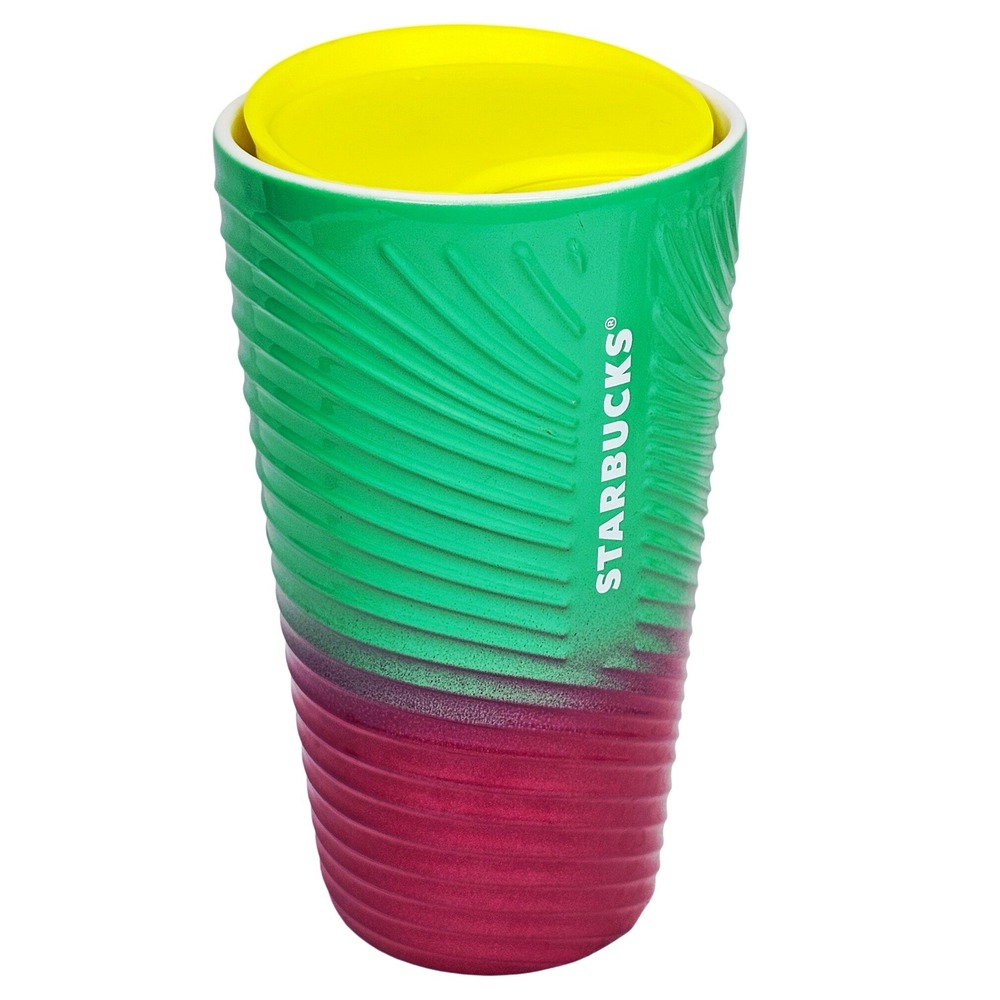 Starbucks 2022 Ceramic Travel Tumbler 12oz‎ Green Pink Ombre Swirl New 011140420